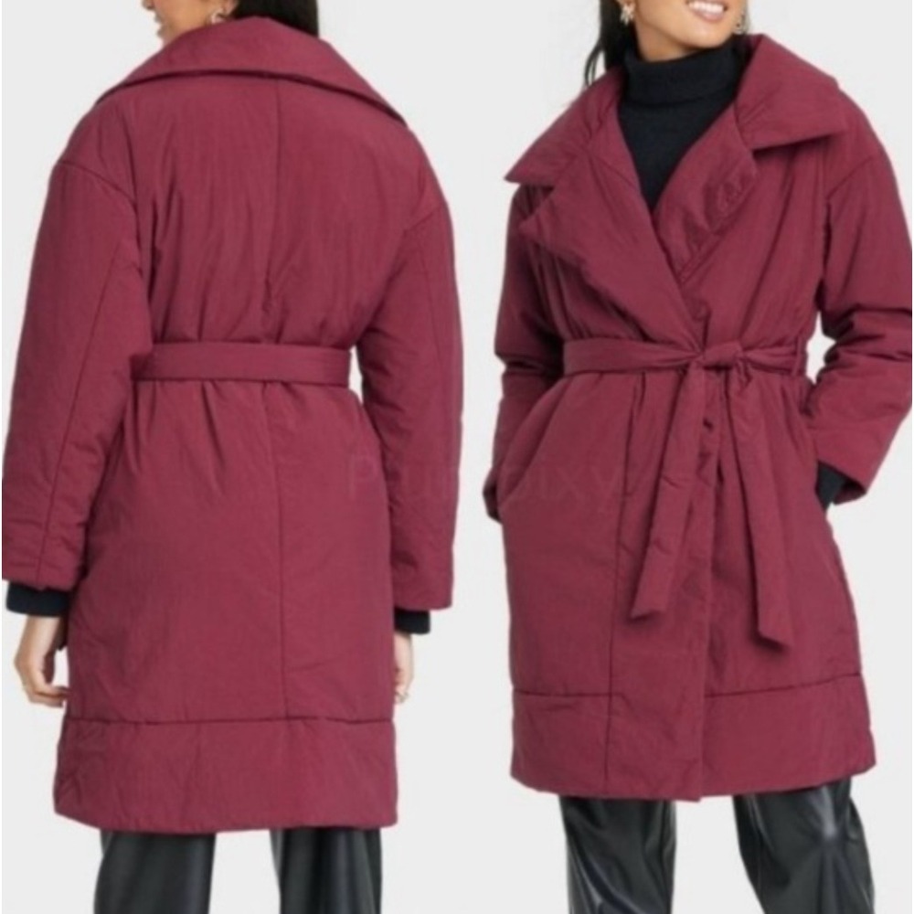 A New Day Burgundy Water Resistant Wrap Puffer Coat Small Quilted Jacket